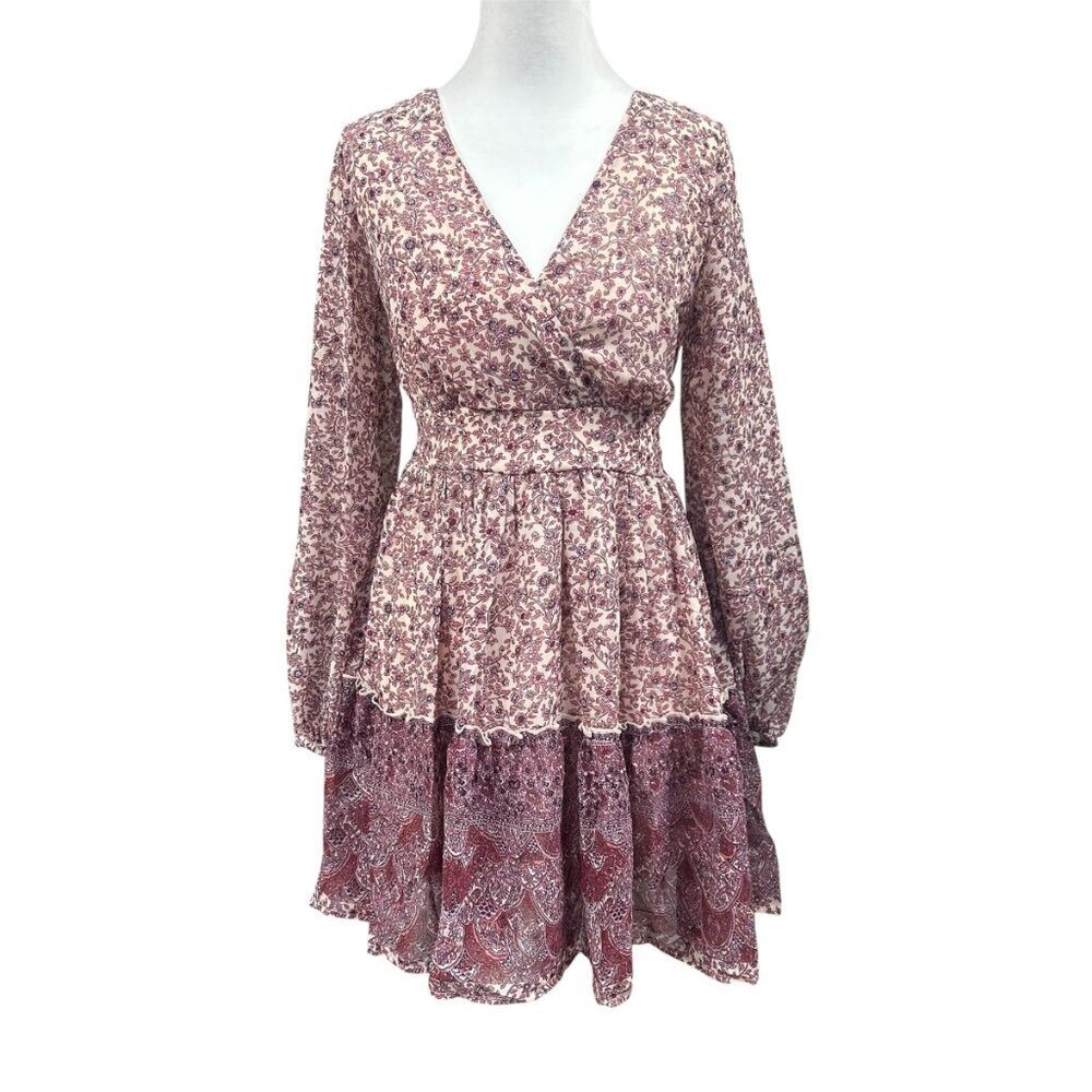 Japna Floral Tiered Balloon Sleeve Crossover Mini Dress Sz S